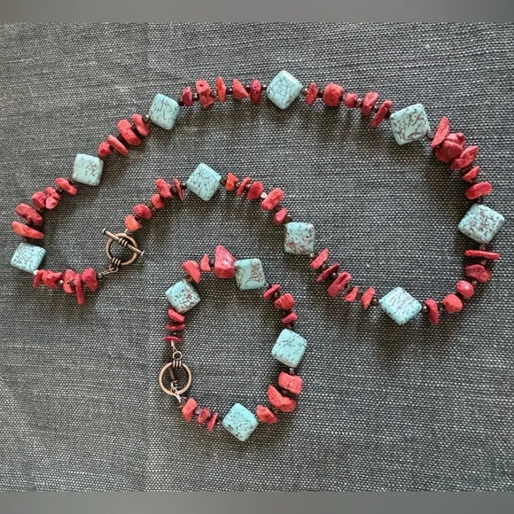Handmade Red Coral and Turquoise Stone Beaded Necklace and Bracelet Set - Picture 1 of 5